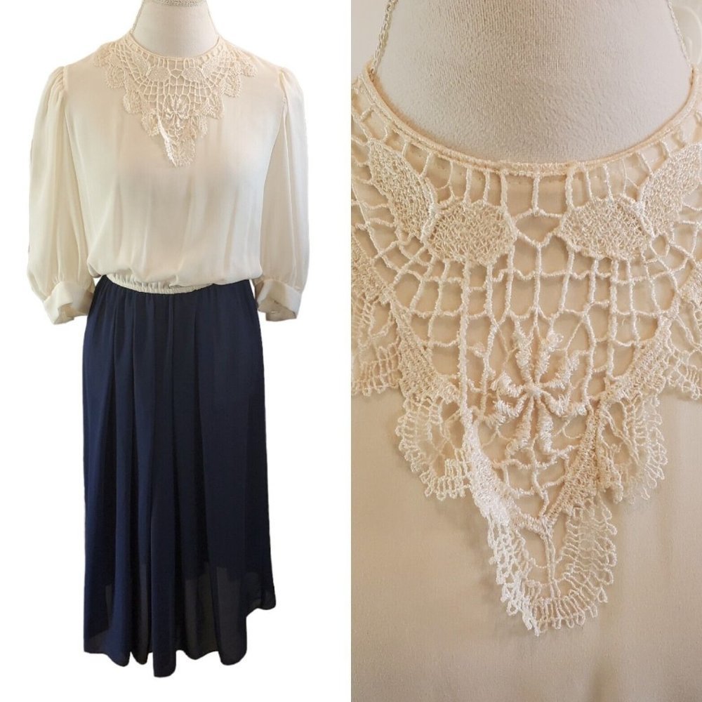 Vintage Victorian Sheer Crochet Collar Midi Dress Cream Navy Blue Sz Medium FLAW